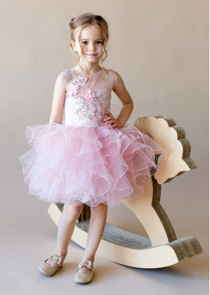 Blush Pink Ruffle Tulle 3D Flower Wedding Flower Girl Dress